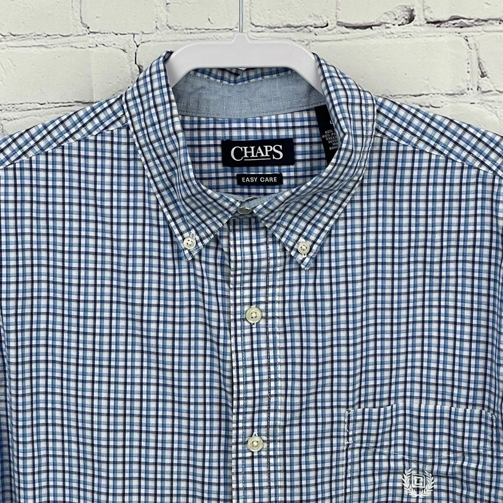 Chaps Easy Care Shirt Mens Size Large Blue Plaid Check Short Sleeve Button Front
